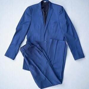 Seven/26 2 Piece Suit Blue Super 130s Wool 40XL Jacket 34R Pants Peak Lapel